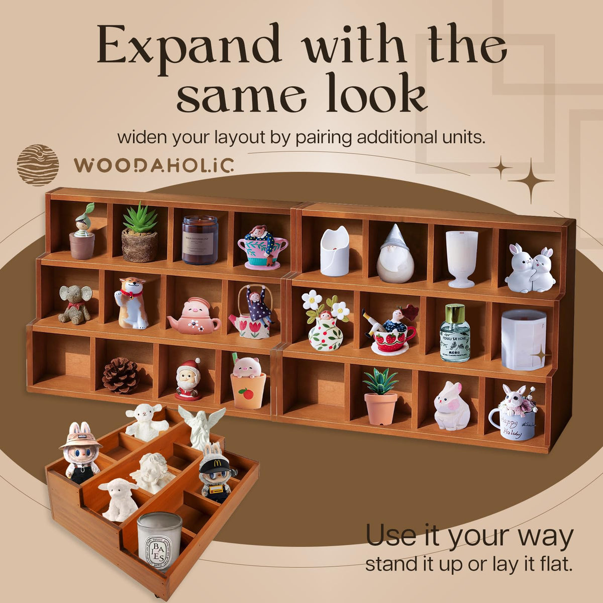 Woodaholic Wood 3-Tier Riser Stand Display Organizer – Versatile Tiered Desktop Shelf for Collectibles, Plants, Candles or Stationery – Stackable & Freestanding Wooden Storage Rack for Home or Office