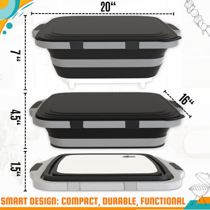 MAYALEAD BBQ Prep Tub with 2 Pcs Meat Shredder Claws, Collapsible Cutting Board, Cutting Board with Locking Lids, Drip Easy BBQ Prep Tub with lid-XL Size (Black)