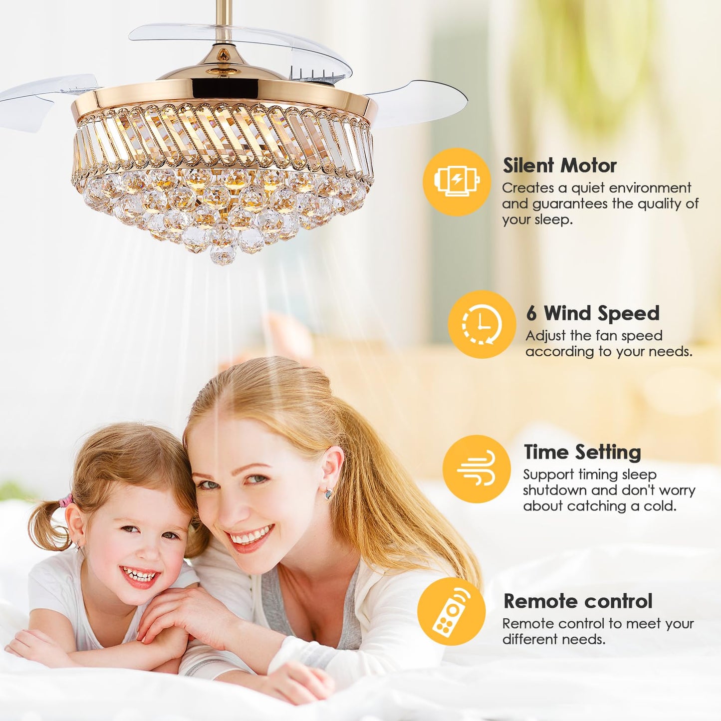 Asyko 48" Golden Crystal Ceiling Fans with Lights and Remote and APP, Modern Retractable Blades Ceiling Fan with 3 CCT for Living Room,Dining Room, Kitchen, Reversible