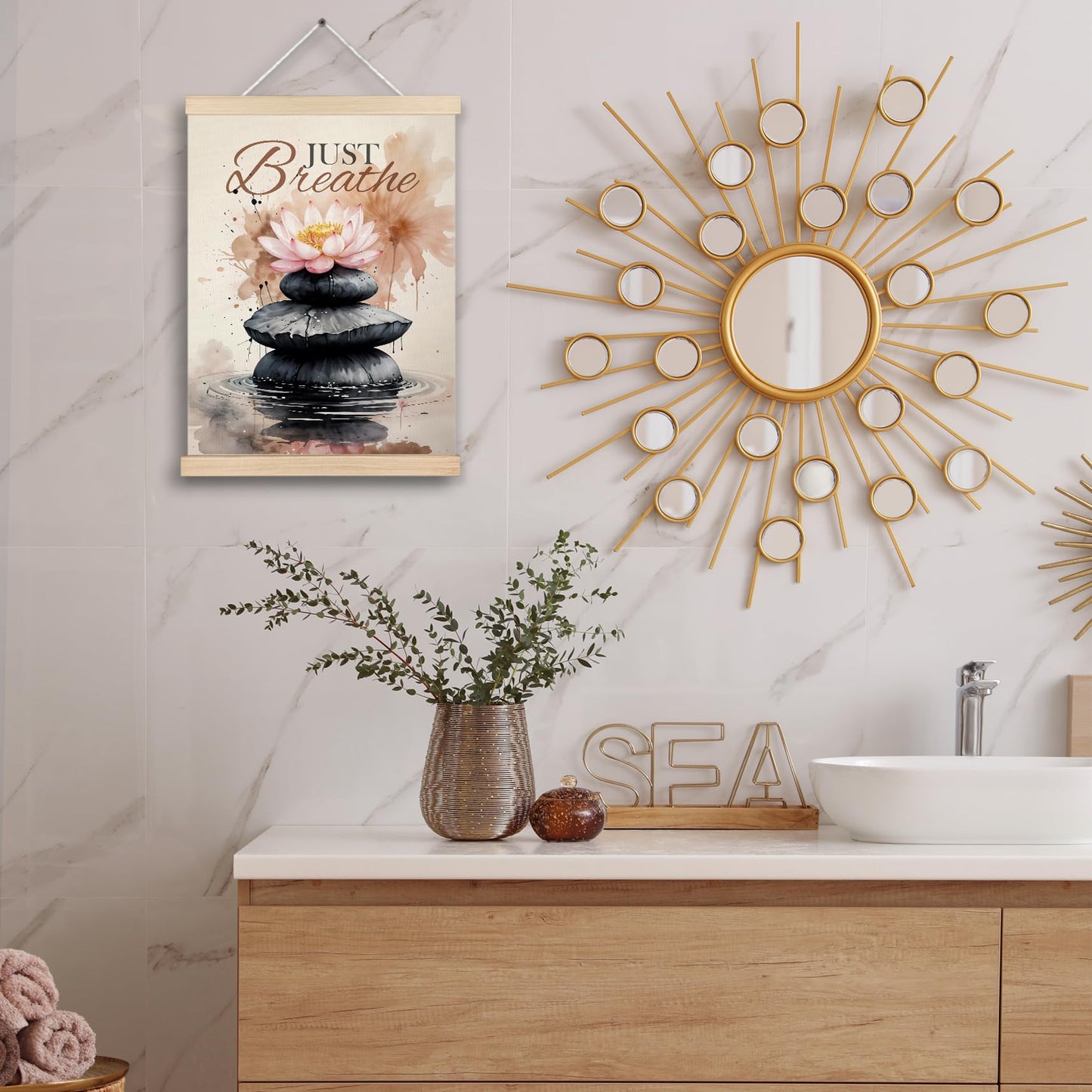 FITIE Just Breathe Zen Lotus Flower Canvas Wall Art Poster Hanger Frames, Motivational Zen Spiritual Wall Decor Prints for Bedroom Meditation Yoga Spa Room Calming Corner, 12x16 Inch