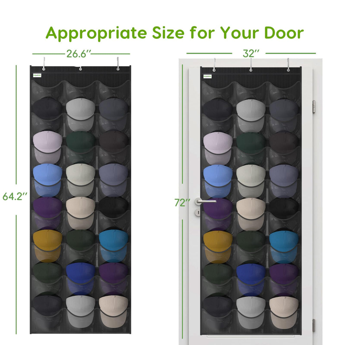 Unjumbly Baseball Hat Rack, 24 Pocket Over-The-Door Hat Organizer with Clear Deep Pockets to Display Baseball Caps Collection, Complete with 3 Over Door Hooks (Black, 24 Pockets)