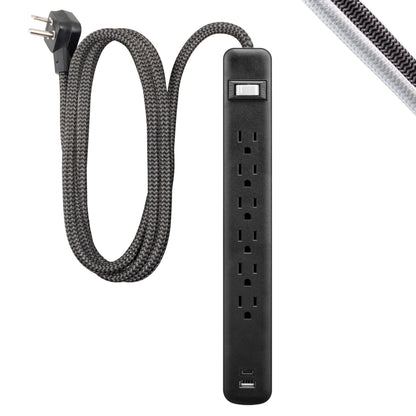 GE 6-Outlet Power Strip with USB, 1 USB-A, 1 USB-C, Outlet Extender, 6 Ft Braided Extension Cord, Flat Plug, Charging Station, Black, 82595