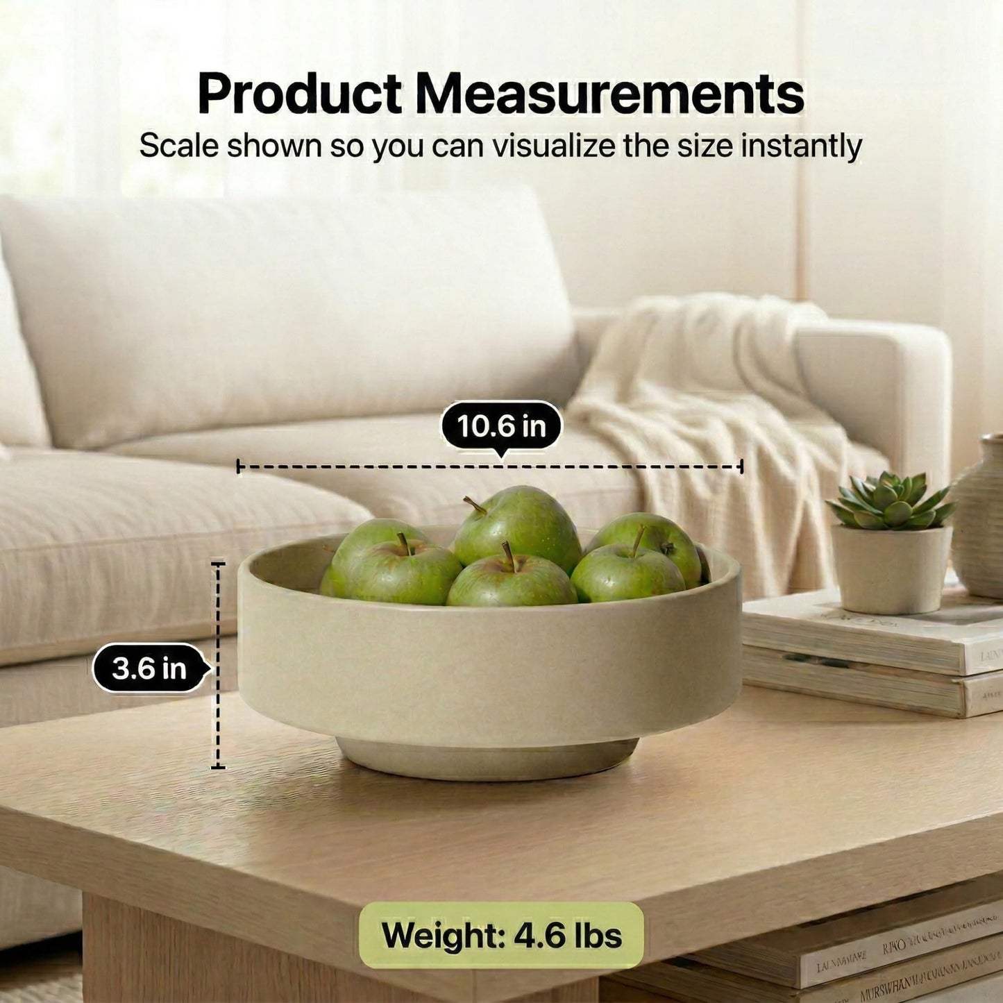 Large Fruit Bowl for Kitchen Counter, Modern Resin Pedestal Centerpiece, Stone-Look Matte Finish in Natural Sandstone, Decorative Bowl for Dining Table, Coffee Table and Entryway, 10.6 inch