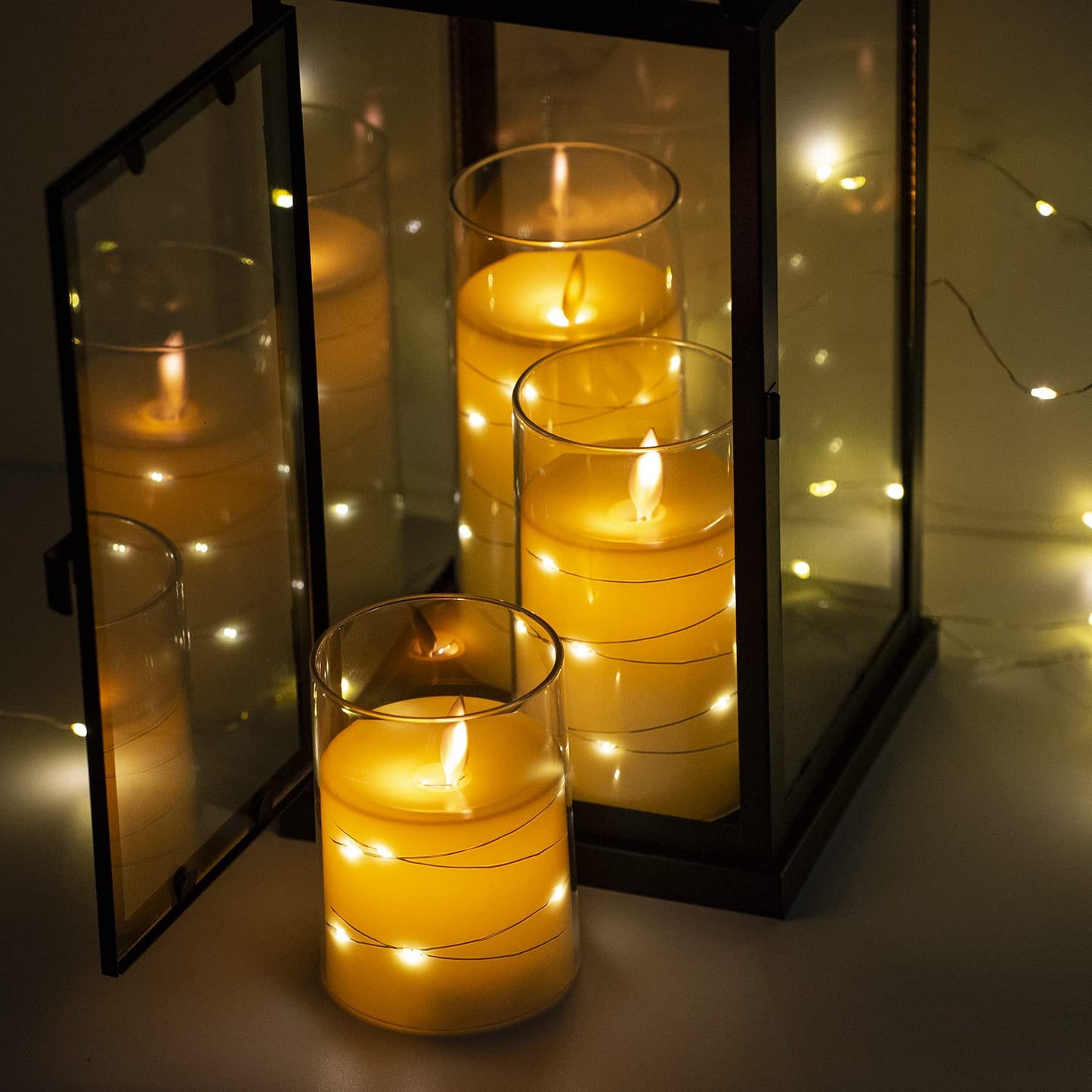 salipt LED Flameless Candles, Battery Operated Flickering Candles, Moving Flame Electric Candle Sets Glass Effect with Remote Timer, Set of 3, H 4" 5" 6" - Fairy Lights Ivory