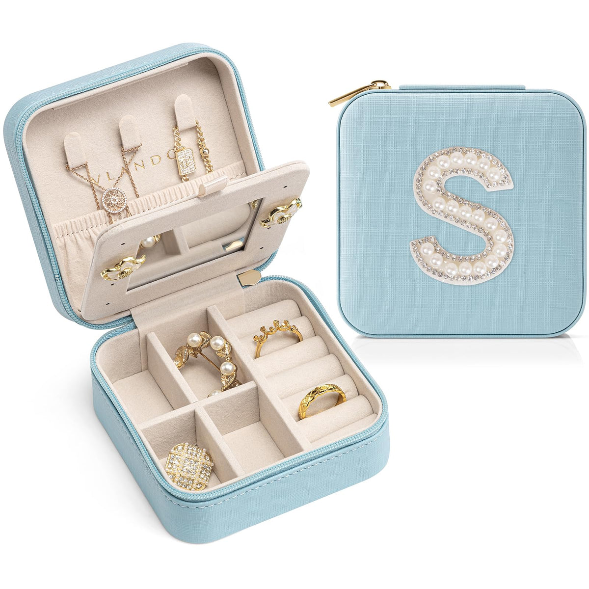 VLANDO Travel Jewelry Box for Girls Women, Initial Jewelry Organizer Box Travel Must Haves Jewelry Case for Girls, Travel Necklace Earrings Ring Box for Daughters, Valentines Gift - Letter S, Blue