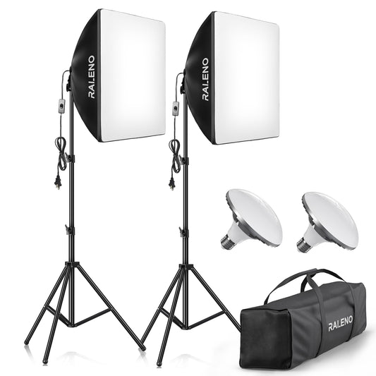 RALENO Softbox Lighting Kit, 20X20-Inch Photography Lighting Kit with LED Bulbs(60W | 5500K | CRI>97 | 3m Cable) & 80'' Tall Light Stands, Soft Box for Recording/Portrait Photography | Model: PS70