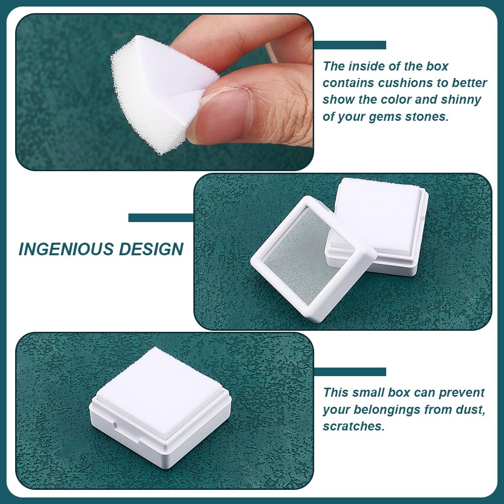 BENECREAT 70pcs White Gemstone Display Box, Plastic Transparent Bare Stone Box Square Gem Box 1.2x0.63 Inch for Gemstone, Jewelry, Crystal Diamond Accessories Display