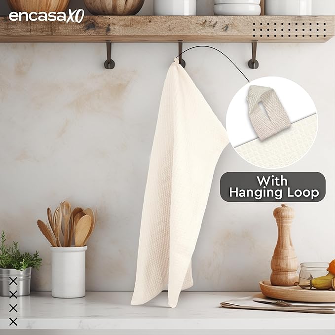 Encasa XO Kitchen Dish Towels Set | Solid Off White | Waffle Weave and Flat