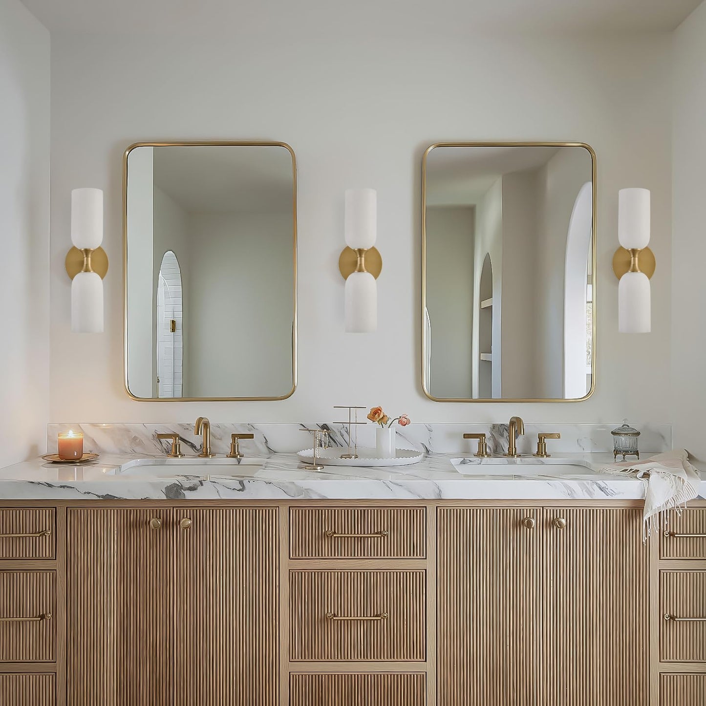 Vintage Alabaster Brass Wall Sconce: Set of 2 Antique Spanish Natural Marble Modern Vanity Wall Lights - 14" Brushed Gold Vanity Light - Indoor Sconces for Bathroom Stair Hallway Bedroom Living Room