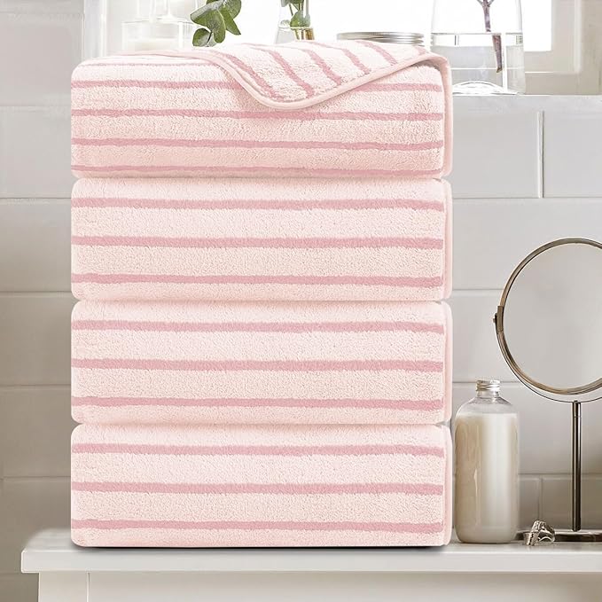 4 Piece Pink Cabana Stripe Large Bath Towels 35"x70" Oversized Bath Sheet Super