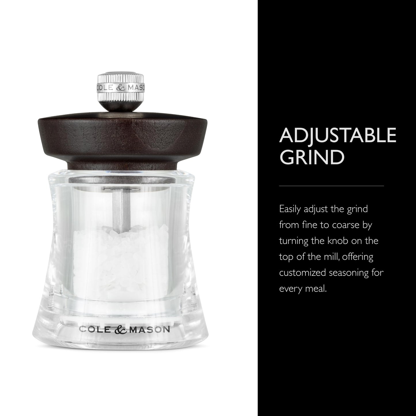 Cole & Mason Holborn Acrylic Salt Mill - Compact Hand Grinder - Acrylic Kitchen Tool with Adjustable Grind Setting - Easy-to-Clean Grinder with Premium Design - Chocolate Salt Mill, 3.75"