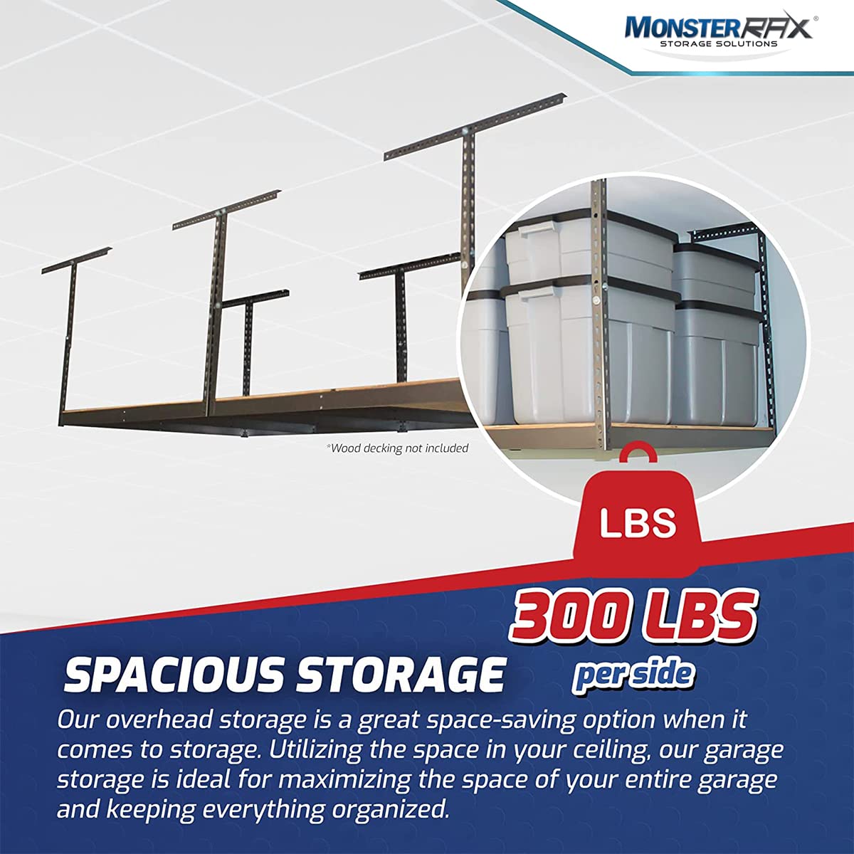 MonsterRax 4x8 Overhead Garage Storage Rack Frame Kit - Hanging Storage Shelves, Garage Ceiling Storage Rack System, Ceiling Shelving - (Hammertone, Adjustable 18"-33")