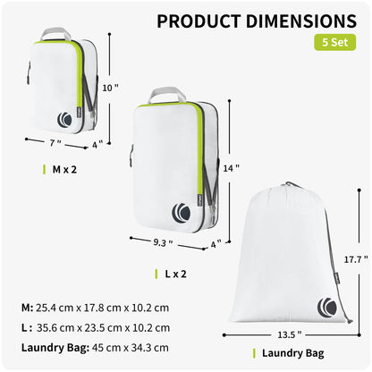 Cipway - 5 Set Compression Packing Cubes for Travel, Ultralight Packing Organizers for Luggage Suitcase & Backpack (White), L
