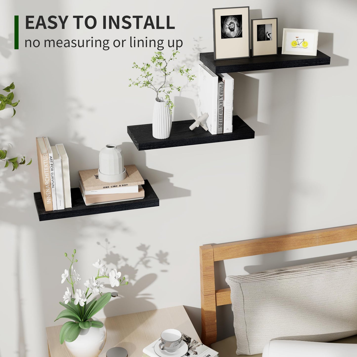 Marsmiles Wood Floating Shelves for Wall Set of 3, 17 Inch Wide Rustic Wooden Floating Shelves, Invisible Wall Mounted Display for Living Room Bedroom Kitchen Bathroom Office, Black
