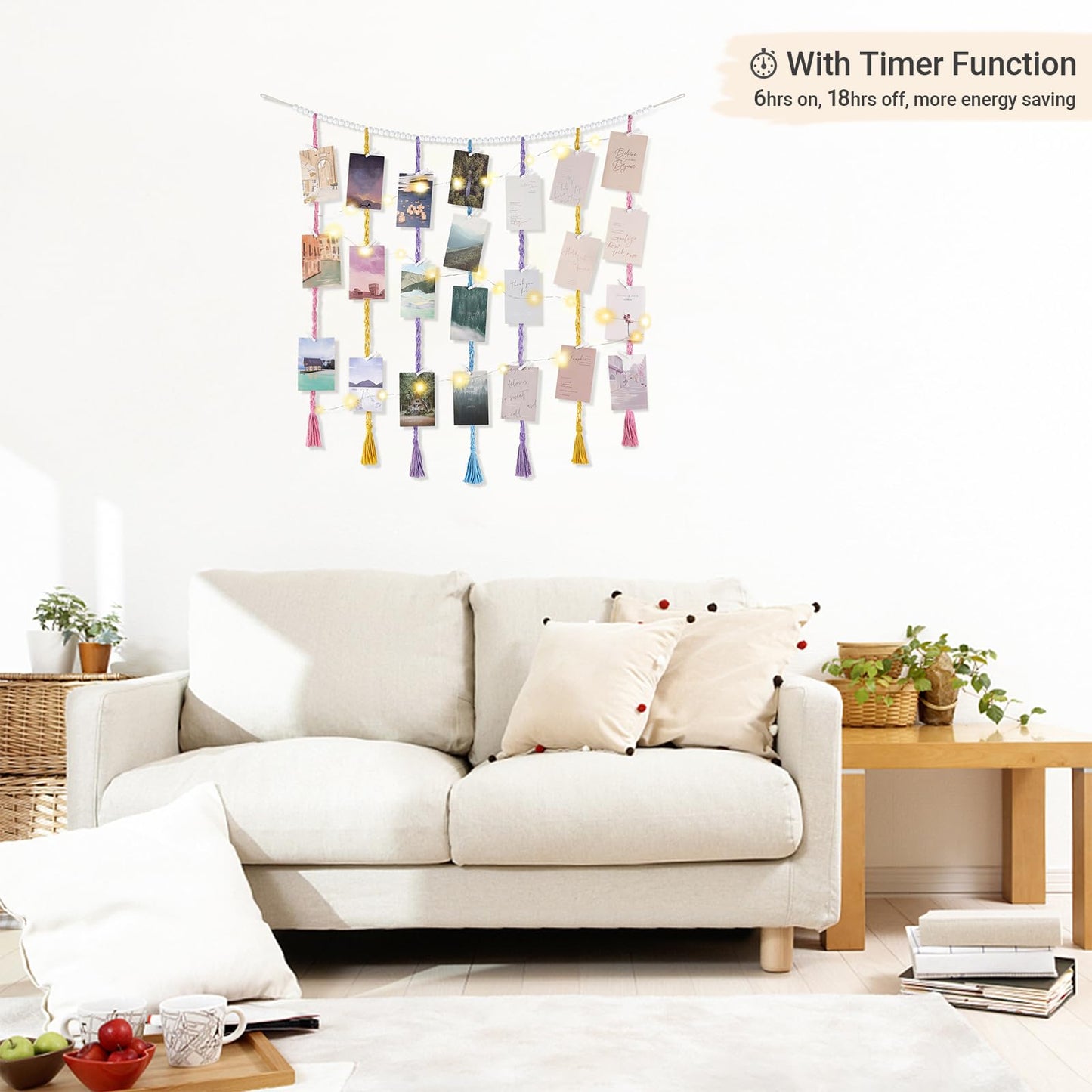 Mkono Macrame Hanging Photo Display Wall Decor with String Lights, Boho Wooden Beads Garland Collage Picture Card Frame Holder with 45 Clips for Bedroom Living Room Dorm, Teen Girls Christmas Gifts