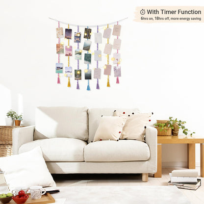 Mkono Macrame Hanging Photo Display Wall Decor with String Lights, Boho Wooden Beads Garland Collage Picture Card Frame Holder with 45 Clips for Bedroom Living Room Dorm, Teen Girls Christmas Gifts