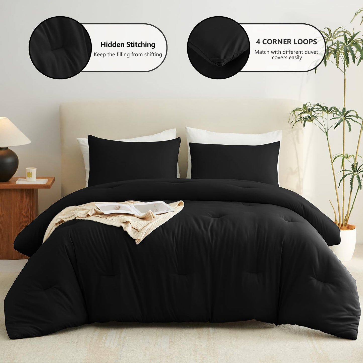 CozyLux Queen Comforter Set Black, 3 Pieces Lightweight Comforters Queen Size Quilted Bedding Sets, All Season Breathable Solid Down Alternative Comforter with 2 Pillowcases, Bed Set Gift for Home