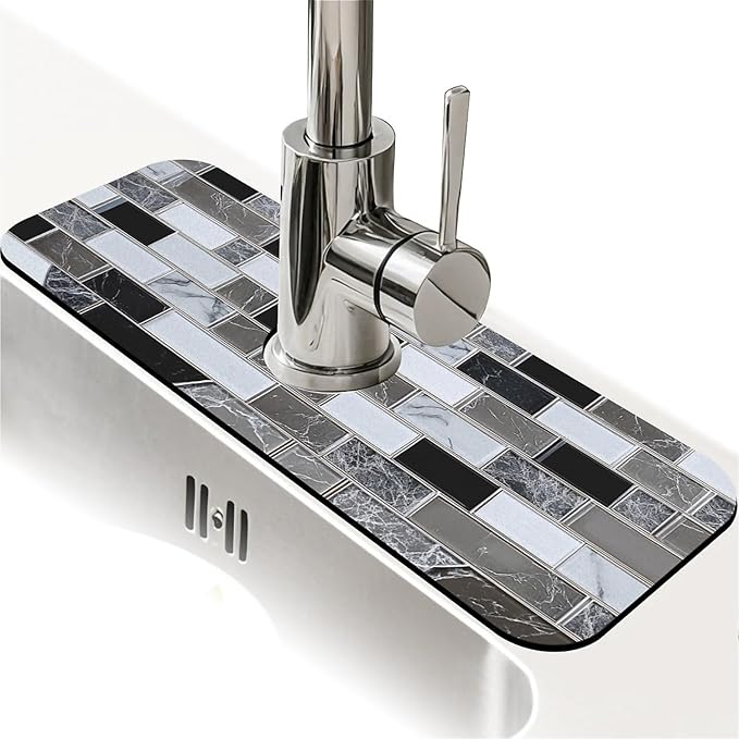 Kitchen Sink Splash Guard，White-black gray tiles Faucet Mat Sink Gadgets-Super