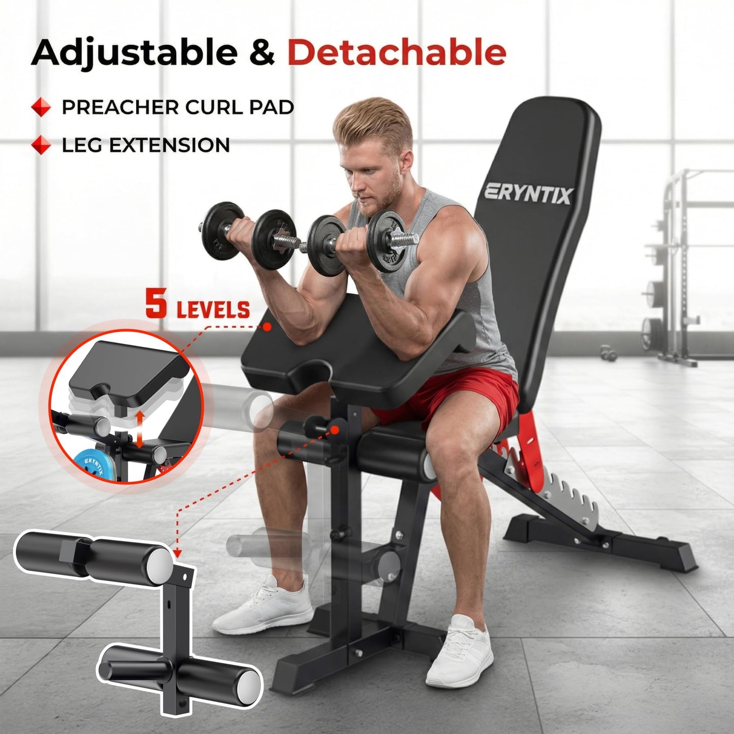 Eryntix Adjustable Leg Extension and Curl Machine, Foldable Pro Heavy-Duty Weight Bench, 1600LBS Workout Bench, 21-Position Multifunctional Weight Benchs, Iscc Plus Certified for Home Gym(M1 Pro)