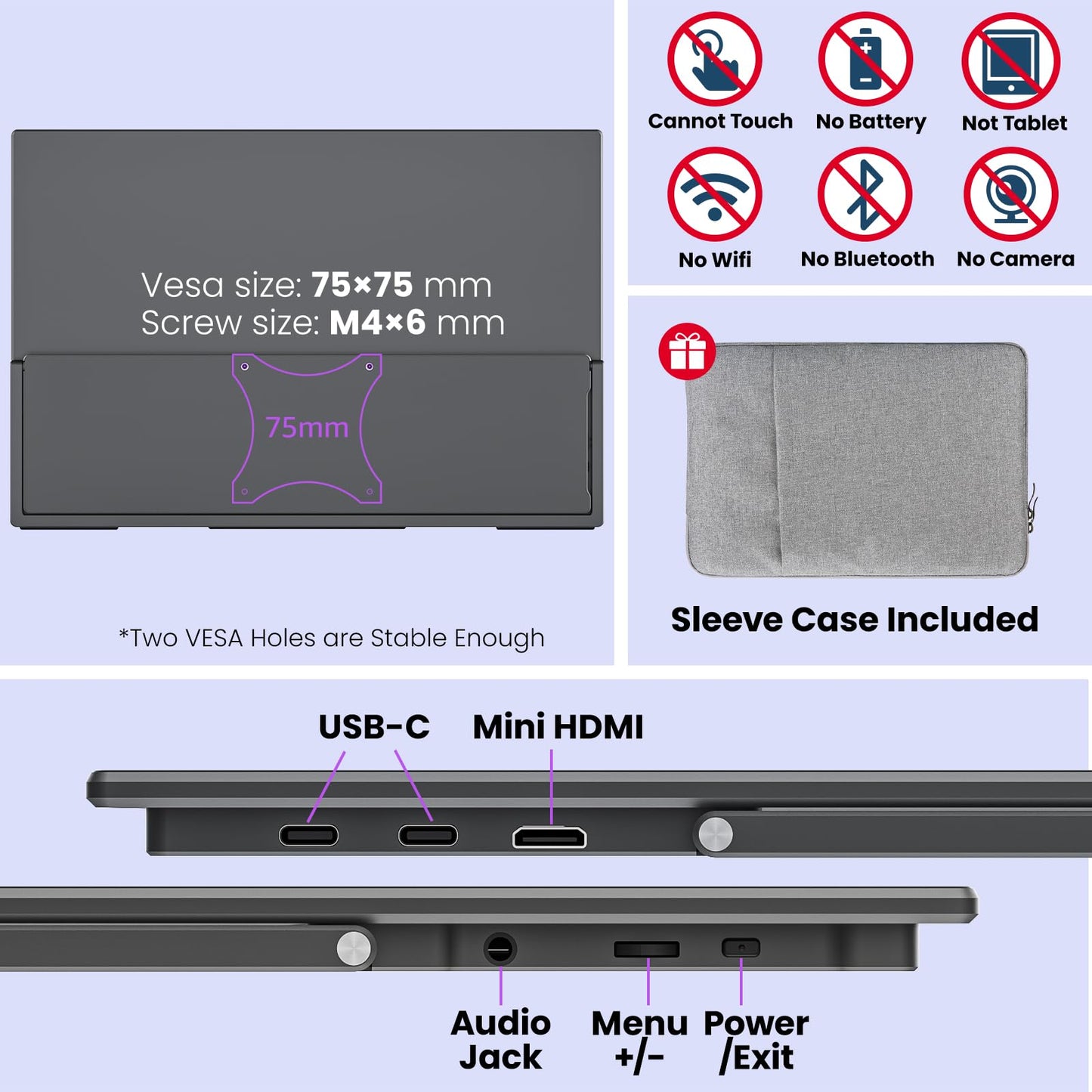 Portable Monitor 15.6" FHD 87% sRGB 60Hz IPS HDR HDMI USB-C Travel Monitor for Laptop MacBook PC Surface PS5 Xbox, External Display with Kickstand & Speakers, VESA Compatible