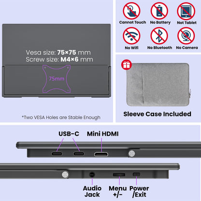 Portable Monitor 15.6" FHD 87% sRGB 60Hz IPS HDR HDMI USB-C Travel Monitor for Laptop MacBook PC Surface PS5 Xbox, External Display with Kickstand & Speakers, VESA Compatible
