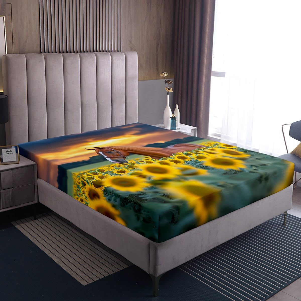Feelyou Farmhouse Bed Sheets Horse and Sunflower Sheet Set Botanical Floral Bedding Farm Animal Flower Fitted Sheet Queen Size Includes 1 Sheets & 2 Pillowcases (No Flat Sheet)