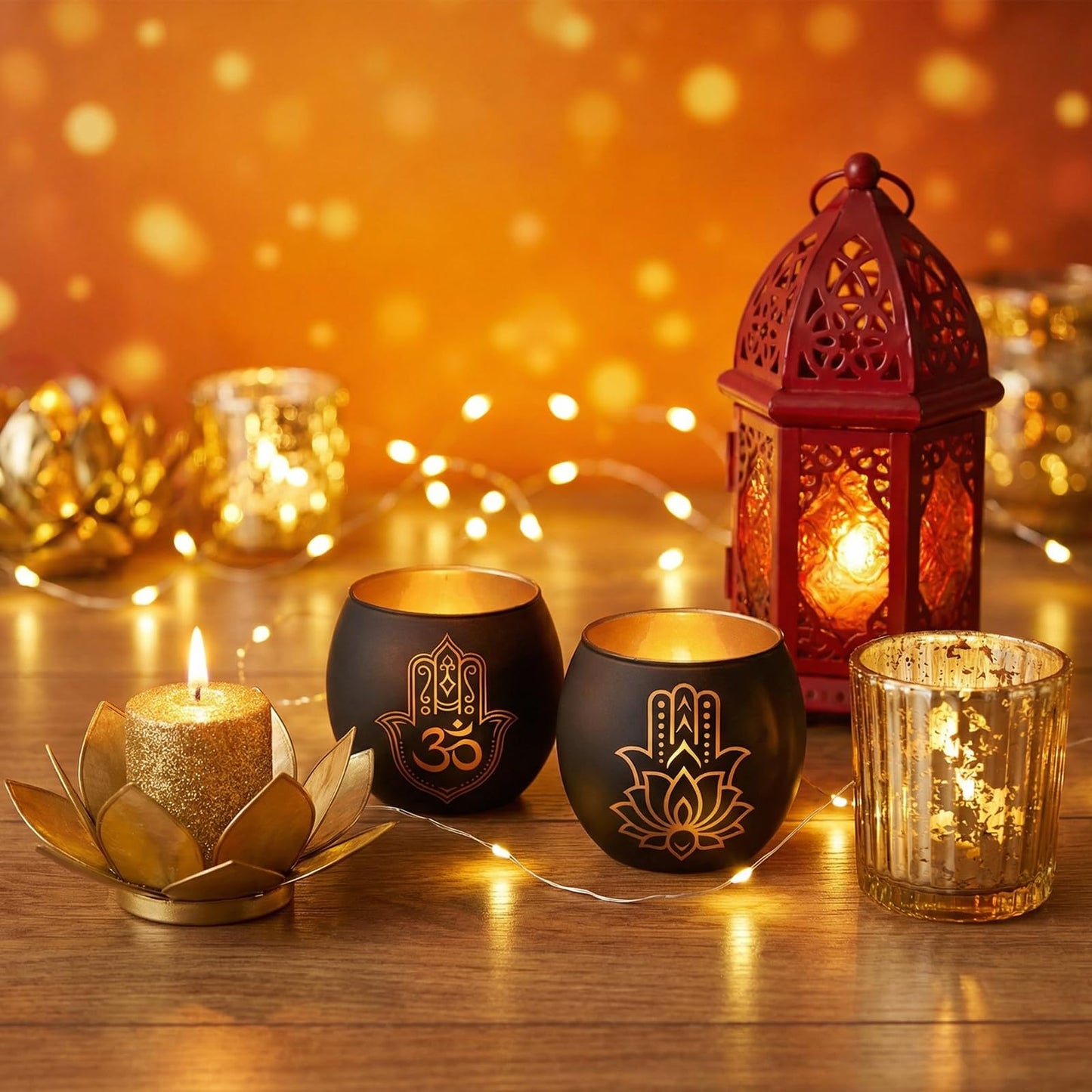 Hamsa Hand & Lotus Candle Holder Set of 2, Black and Gold Glass Votive Tealight Holders for Zen Meditation Decor, Om Symbol Decor for Yoga Room, Spa Bathroom & Diwali Decorations for Home