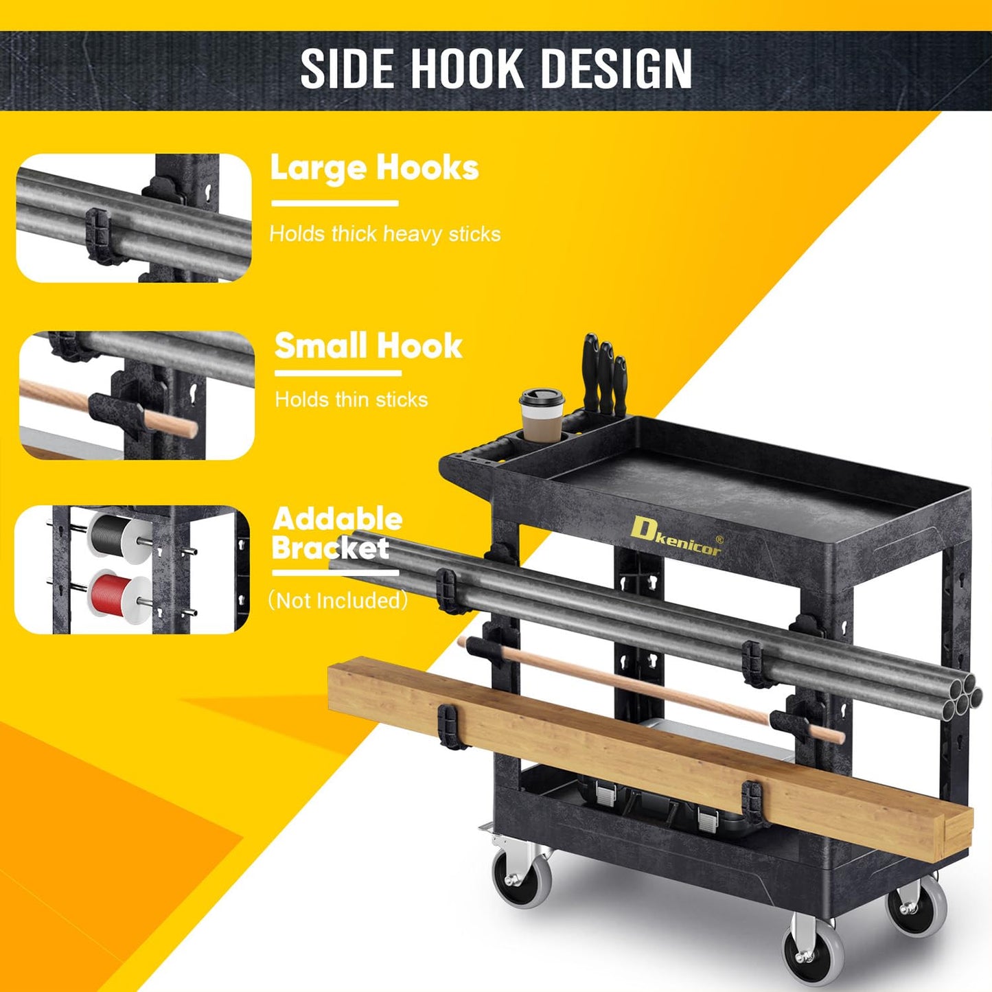 Heavy Duty Plastic Utility Cart 850Lbs, 34" x 17" Rolling Work Cart with Wheels - 2 Tier Service Cart for Warehouse/Garage/Garden - Upgraded 2 Side Tube Hooks, 360° Swivel Lockable Wheels