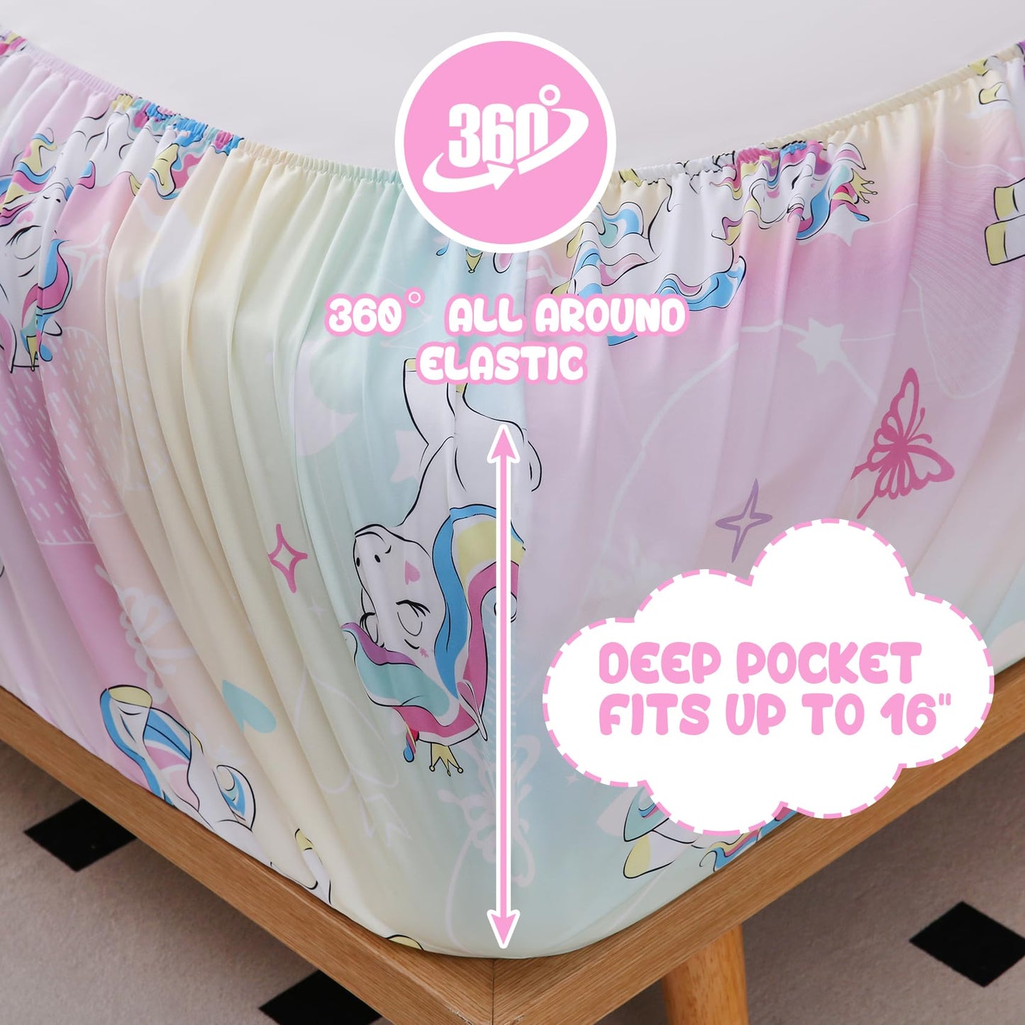 Yibeizi Full Size Sheets Set Kids, Rainbow Unicorn Pattern Microfiber Double Bed Sheets, Cute Soft Oeko-Tex Extra Deep Pocket Sheets & Pillowcases Cooling Hypoallergenic Wrinkle Free Bedsheets