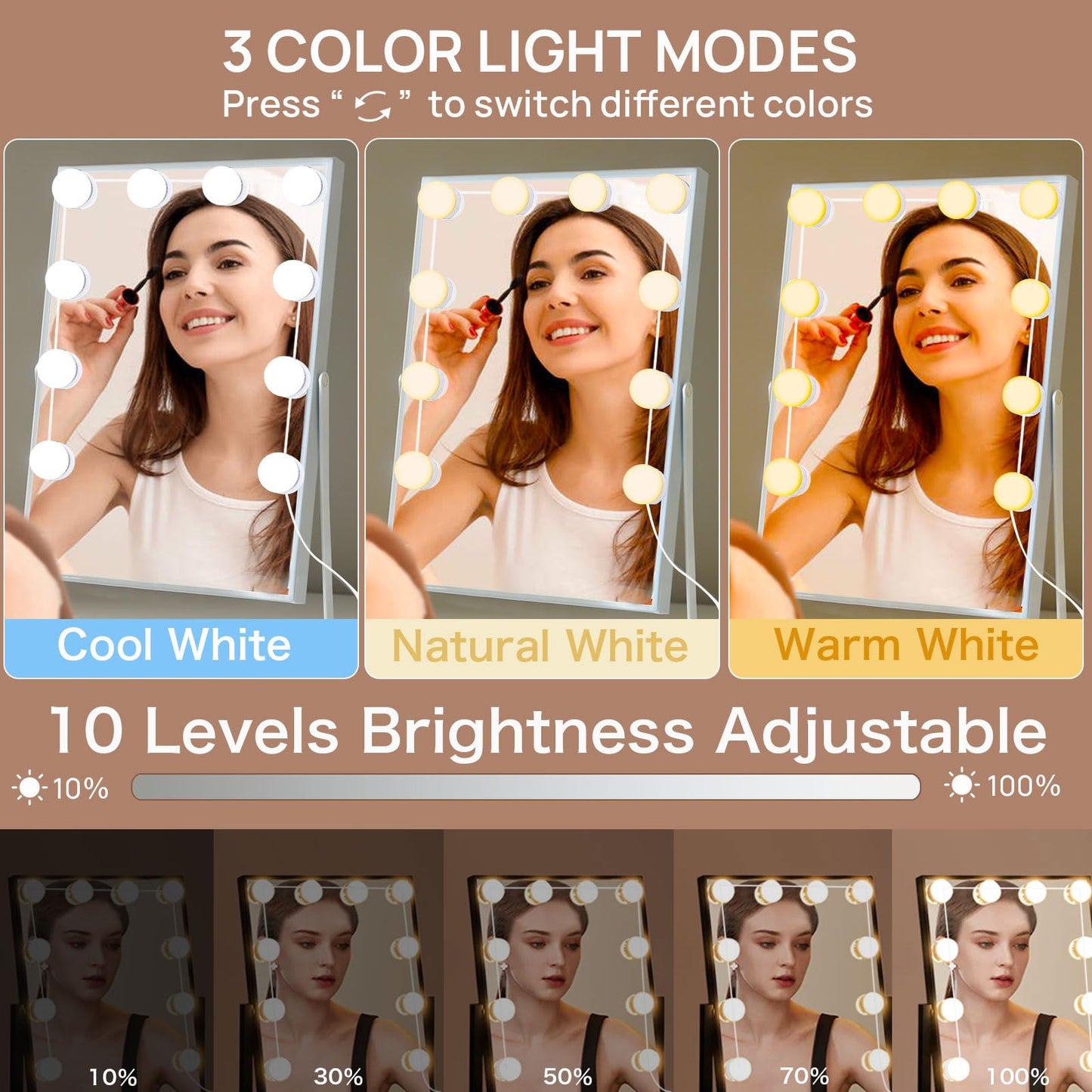 Akynite Hollywood Mirror Lights Stick on 10 Bulbs, USB Cable Adjustable, 3 Colour Changing and 10 Brightness, LED Vanity Mirror Lamp Dimmable, Makeup Lights for Dressing Table (No Adapter)