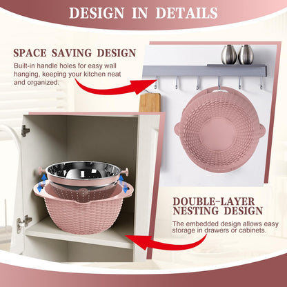 4-1 Strainer Bowl with Lid Set - Strainers and Colanders, Colander for Kitchen, Pasta Strainer, Fruit Cleaner, Veggie Wash, Funny Kitchen Present, Fruit Washing Bowl, Cooking Present for Women - Pink