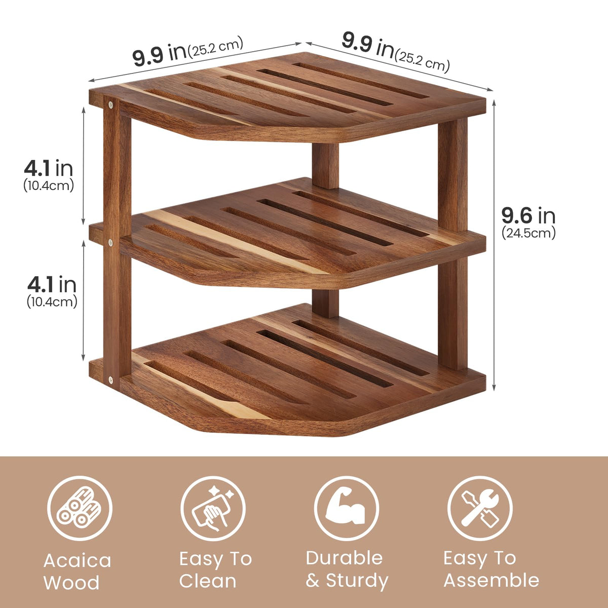 VERTORGAN 3 Tier Acacia Wood Corner Shelf(2 Pack),Dish Drying Rack,Plate Organizer,Kitchen Spice Rack for Countertop and Cabinet,Pantry Organization and Storage