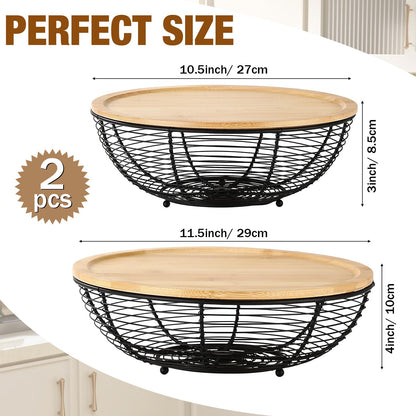 Ferrochef 2 Set Stackable Fruit Basket with Bamboo Lid 11.5 &10.5 Inch Black Metal Wire Large Fruit Bowl for Kitchen Counter Pantry Organizer and Storage for Veggie, Snacks