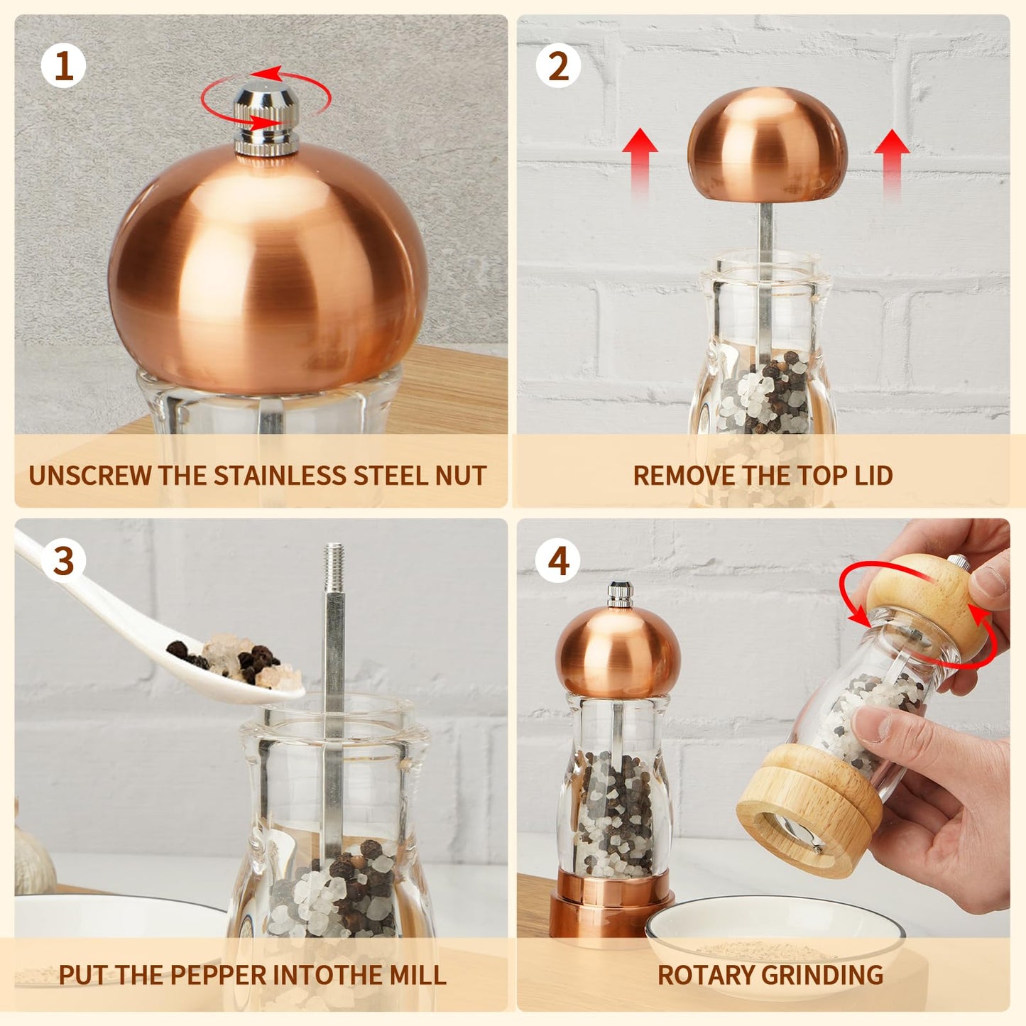 SHIKORI Acrylic Salt and Pepper Grinder, 6 inch Adjustable Salt and Pepper Shakers, Refillable Manual Salt Pepper Mill (Gold & Silver)