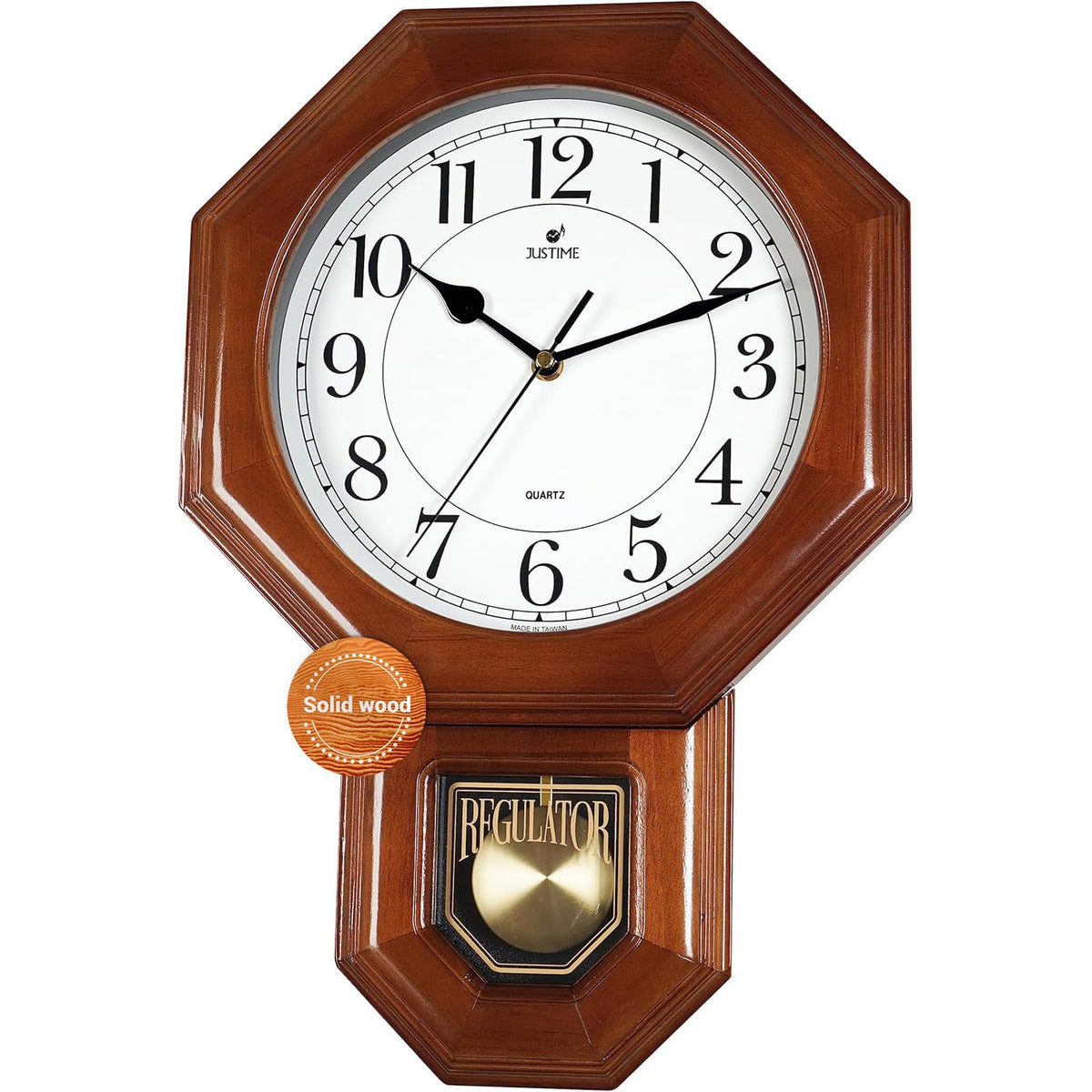 JUSTIME Traditional Schoolhouse Solid Wood Pendulum Wall Clock Chimes Hourly with Westminster Melody Chime Made in Taiwan (Dark Wood w/Westminster Chime)