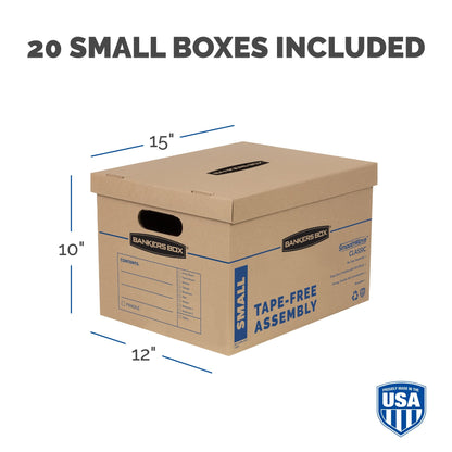 Bankers Box Small Classic Moving Box, 20-Pack, Reinforced Handles, Tape-Free Assembly, 15 x 12 x 10 Inches (7714210)