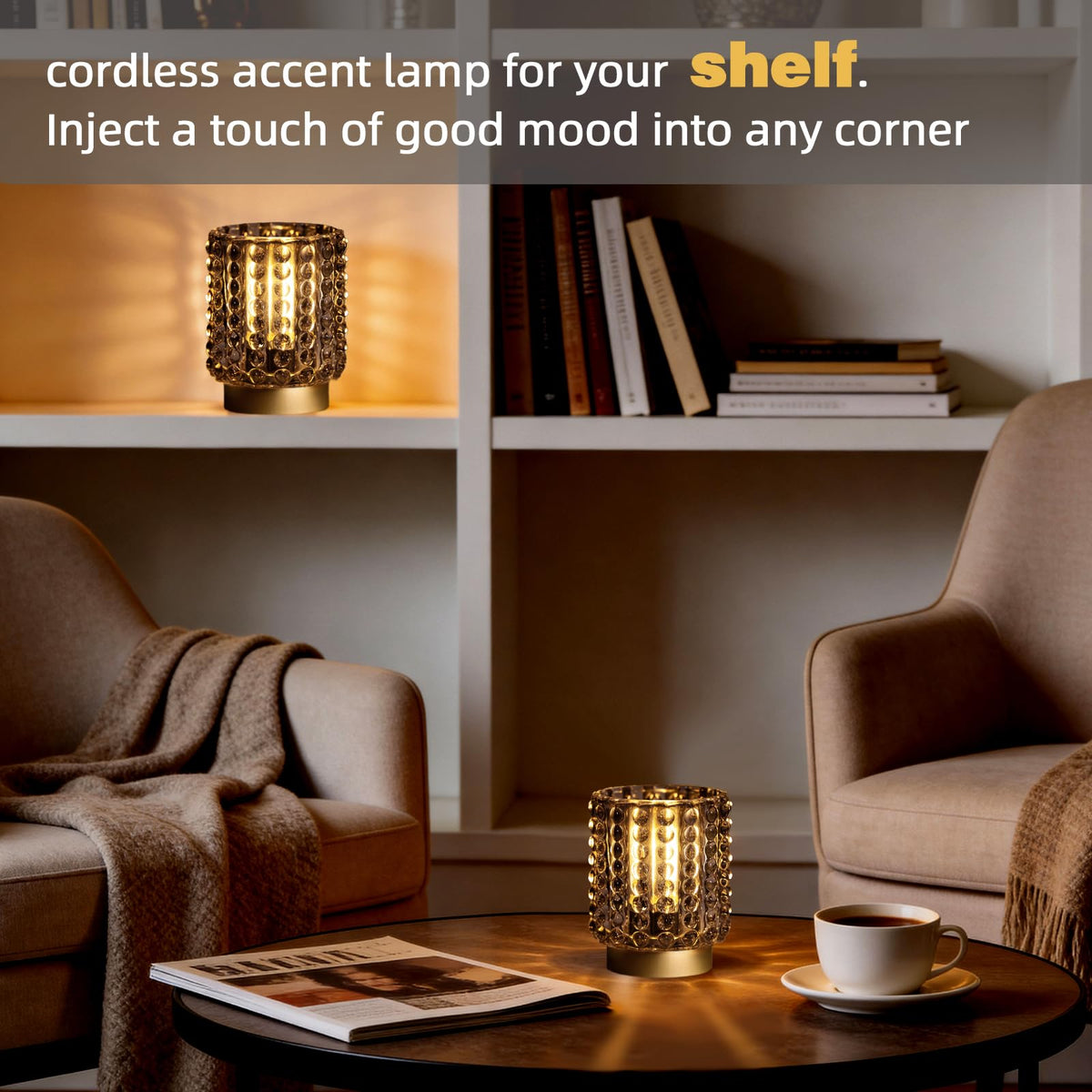 Battery Operated Lamp with Timer, Mini Crystal Table Lamps for Home Decor, Small Cordless Lamp for Areas No Outlets, Glass Battery Powered Lamps for Entryway, Bedroom, Bathroom, Shelf, Corner (2 Grey)