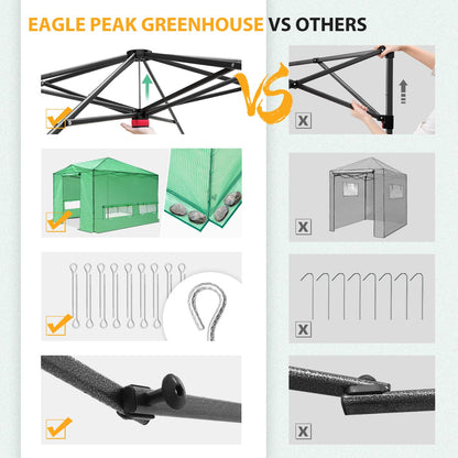 EAGLE PEAK 12x8 Portable Large Walk-in Greenhouse Instant Pop-up Fast Setup Indoor Outdoor Plant Gardening Green House Canopy, Front Roll-Up Zipper Entry Doors and Roll-Up Side Windows, Green