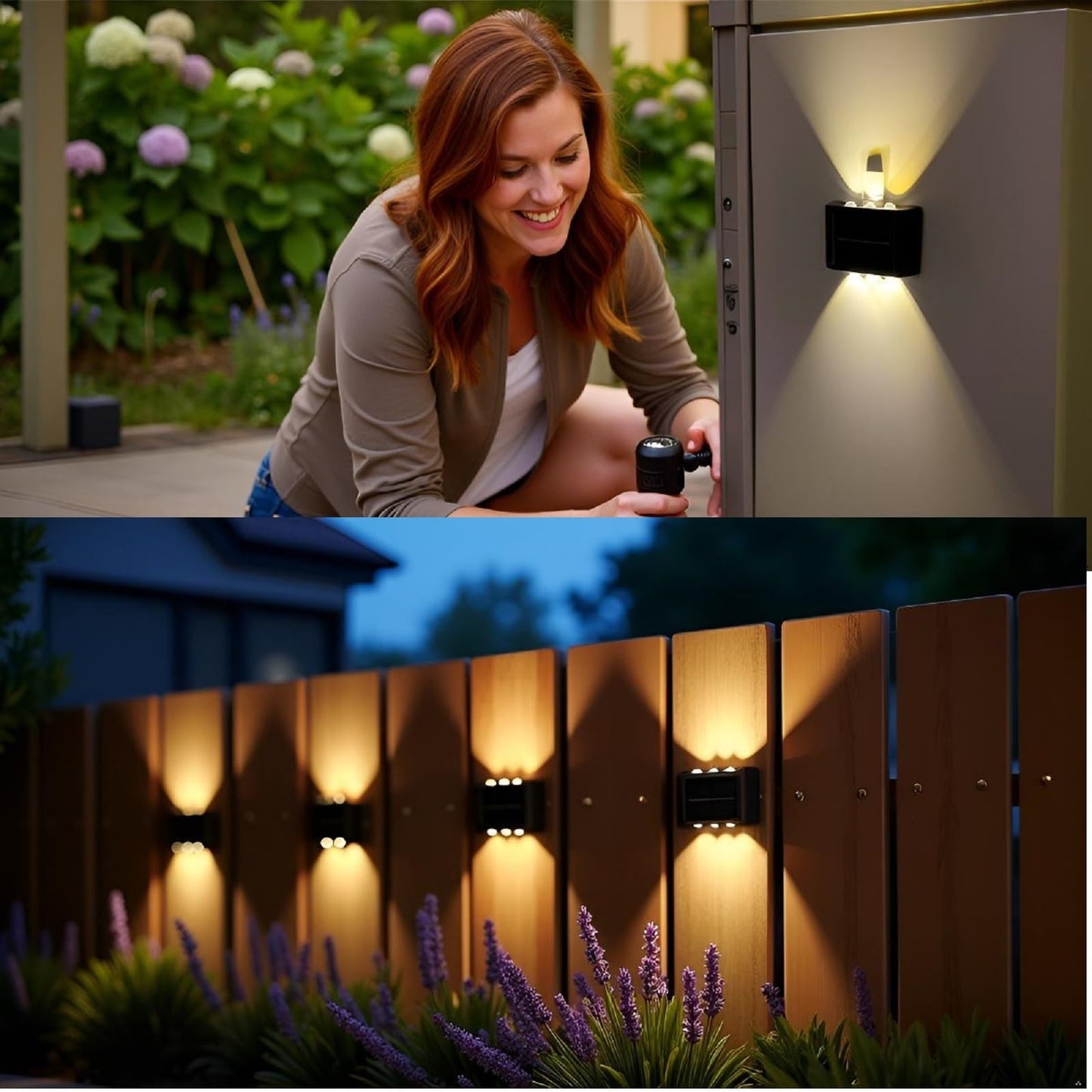 ASLIDECOR Solar Fence Lights Up and Down, 2 Pack Small Solar Step Light Waterproof, Warm White Deck Lighting Illuminate Outdoor for Patio Shed Pool