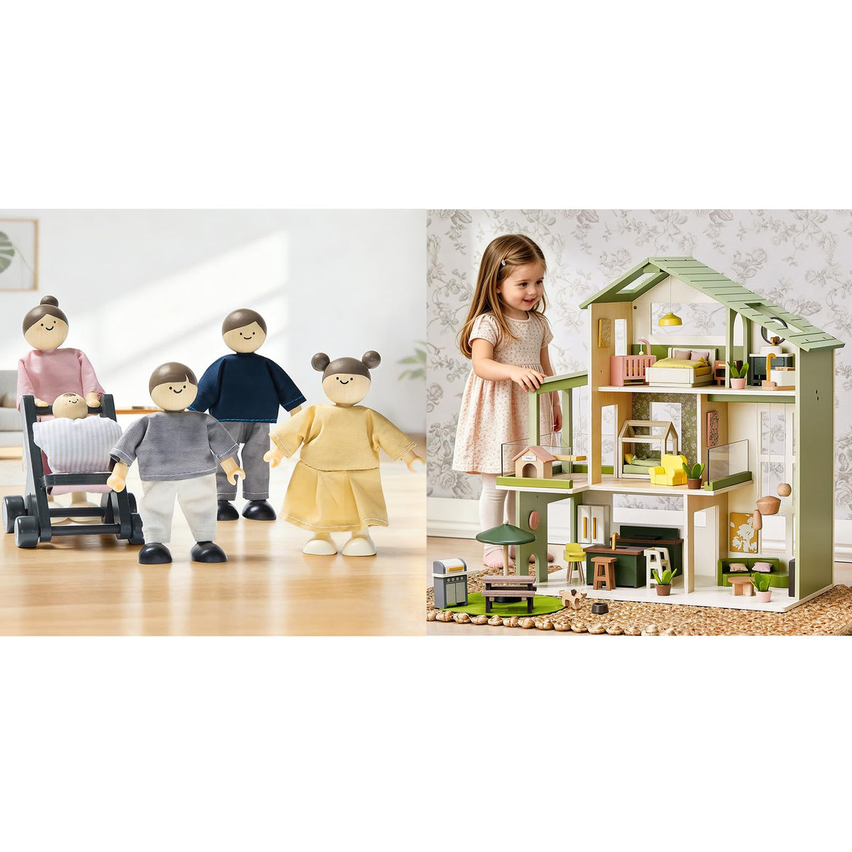 Tiny Land Wooden Dollhouse People Set，Wooden Doll House