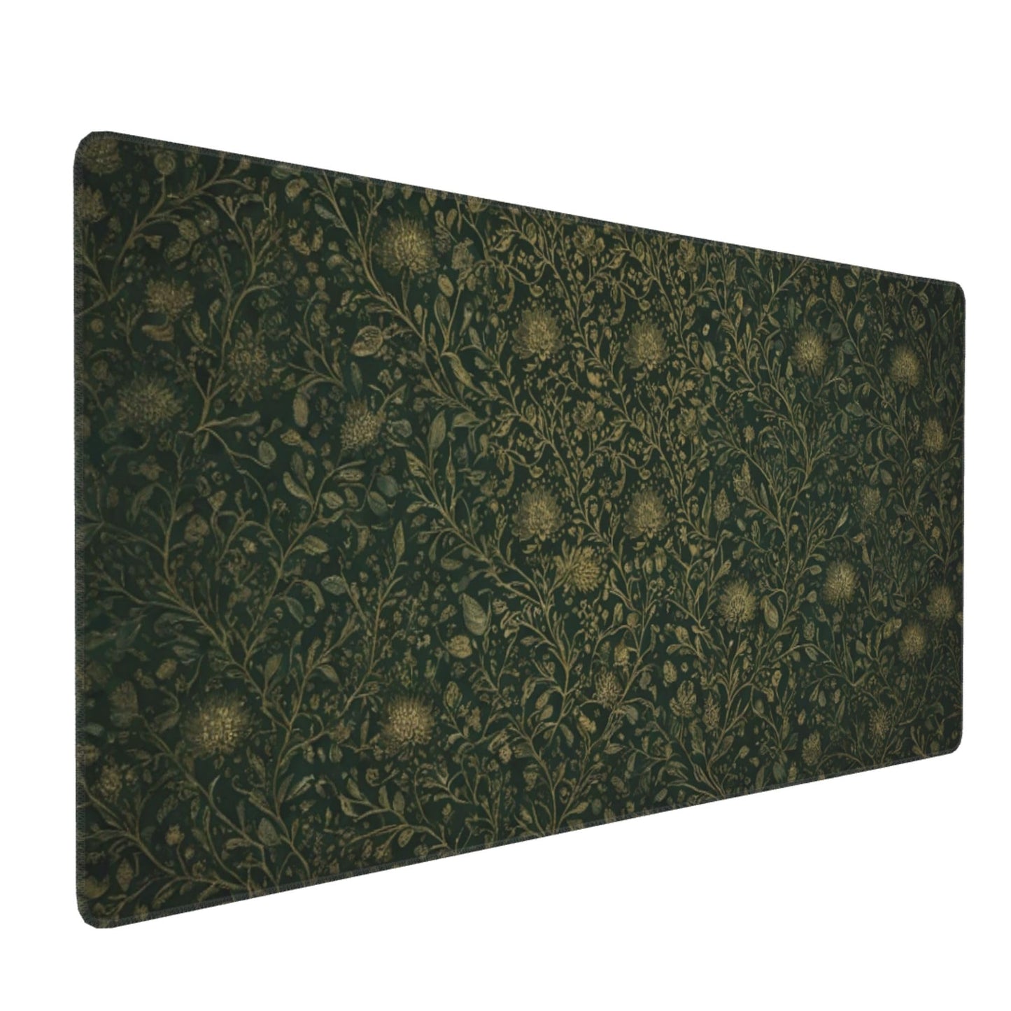 Dark Green Floral Desk Mat Gold Flowers XXL Large Desk Pad - Anti-Slip Stitched Edges Mouse Pad for Women, Office & Home, Extra Big Computer Keyboard Mat for Desktop, Aesthetic Office Decor