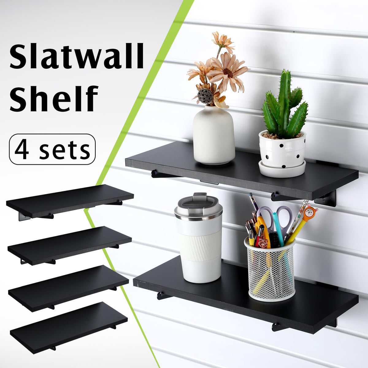 Beeveer 4 Pack Wooden Slatwall Shelf Set 15.7 × 5.9 Inch Black Slatwall Shelves with Metal Brackets Wall Mount Slatwall Shelf Bracket Wall Organizer Slatwall Accessories for Garage Home Retail