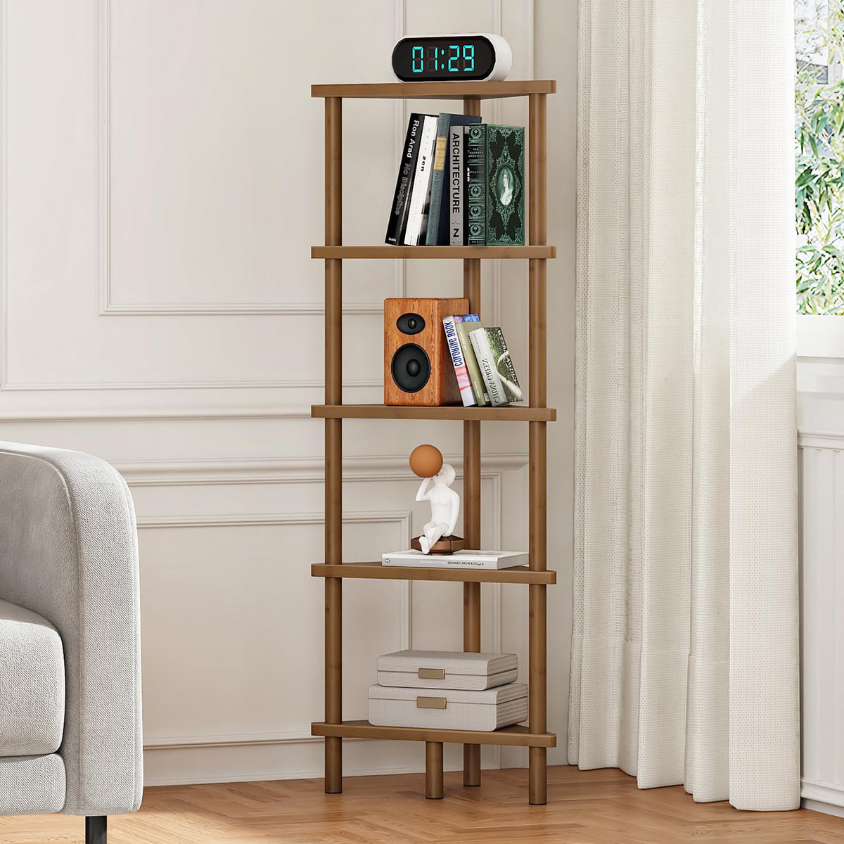HOOBRO Corner Shelf Stand, 5-Tier Bamboo Corner Bookshelf, Plant Display Shelf, Corner Bookcase, Multipurpose Shelving Unit for Small Space, Living Room, Easy Assembly, Mocha MA20CJ01