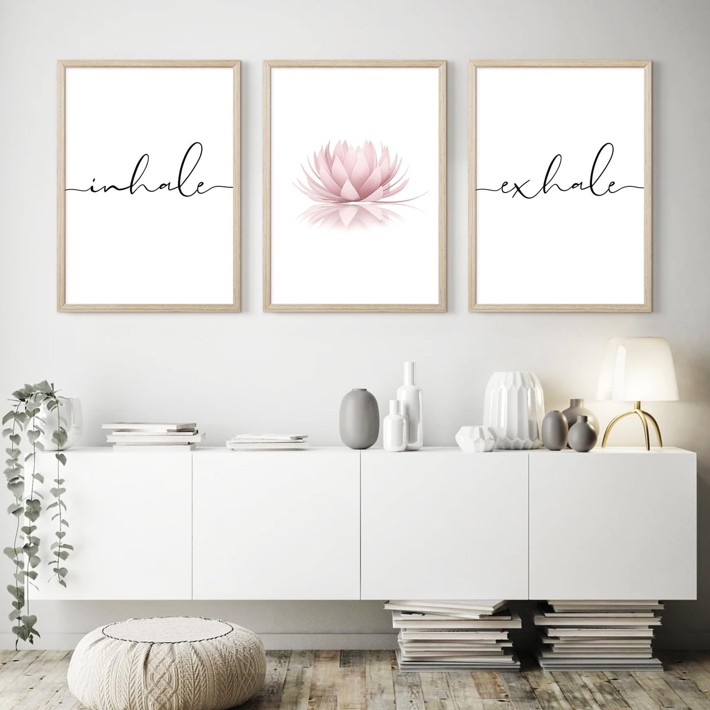 Inhale Exhale Wall Art Zen Canvas Decor Yoga Lotus Wall Art Calming Meditation Artwork Pink Yoga Poster Zen Pictures Painting for Living Room Bedroom 12x16 Inch Wood Framed Set of 3