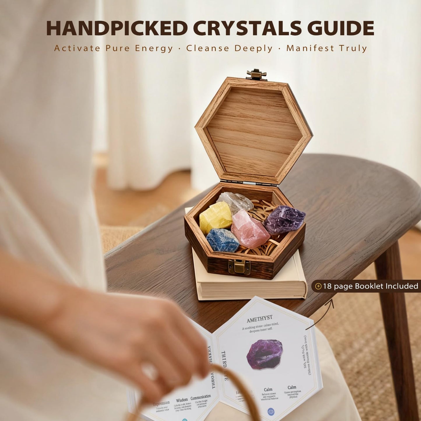 BELESTAR 7 Chakra Healing Crystals Set - Large Raw Stones Energy Alignment Kit with Wooden Gift Box & Guidebook