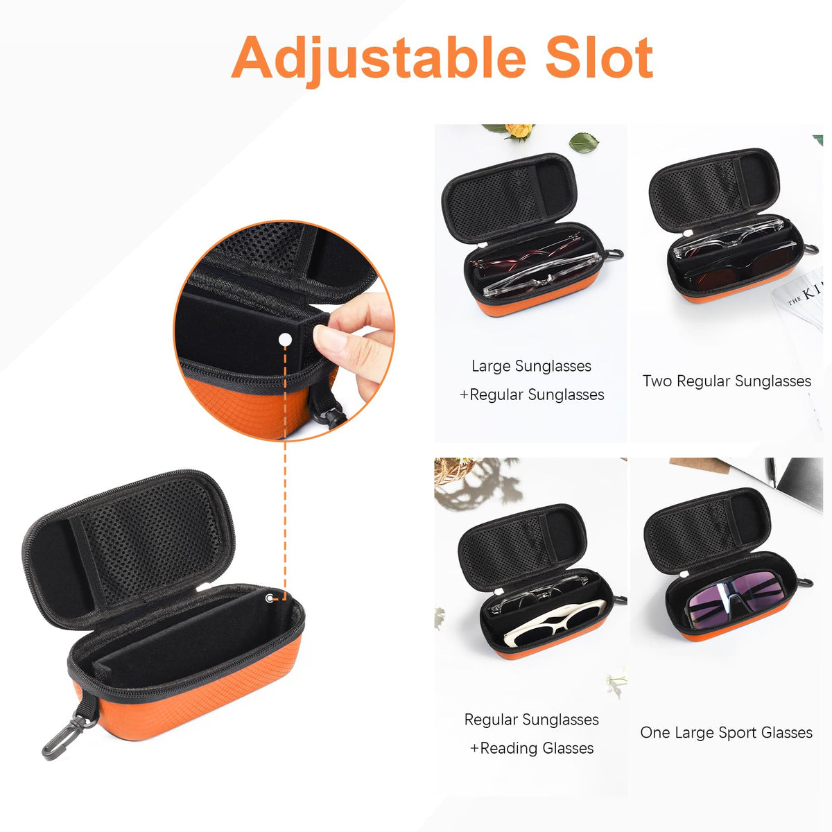 Bukere Double Eyeglasses Case with Adjustable Slots, EVA Hard-shell Travel Dual Glasses Sunglasses Organizer for Men Women (2 Slots, Orange)