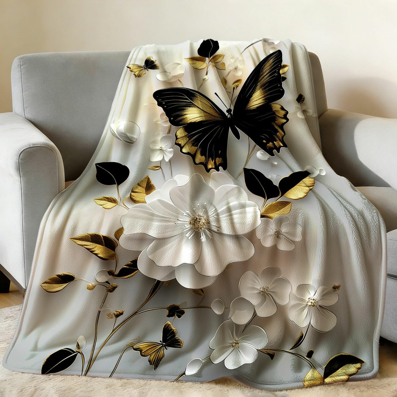 GXYAOYZG Butterfly Throw Blanket Soft Cozy Warm Flannel Throws Black Gold White Floral Decor Lightweight Blankets for Couch Bed Sofa Gifts for Women All Seasons (49" x 59")