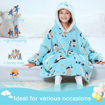 Kipswiza Siamese Cat Wearable Blanket Hoodie for Kids - Oversized Sherpa Fleece Hooded Sweatshirt, Cozy Gift for Girls Boys 6-13 (4'3"-4'11"), Cat Print, Light Blue