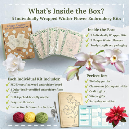Wooden Flower Lacing Embroidery Kits for Beginners, Set of 5 Learn-to-Stitch Craft Boards, Sewing & Embroidery Art Kits for Kids Ages 8+, DIY Craft Projects, Educational Gifts, Party Favors (Winter)