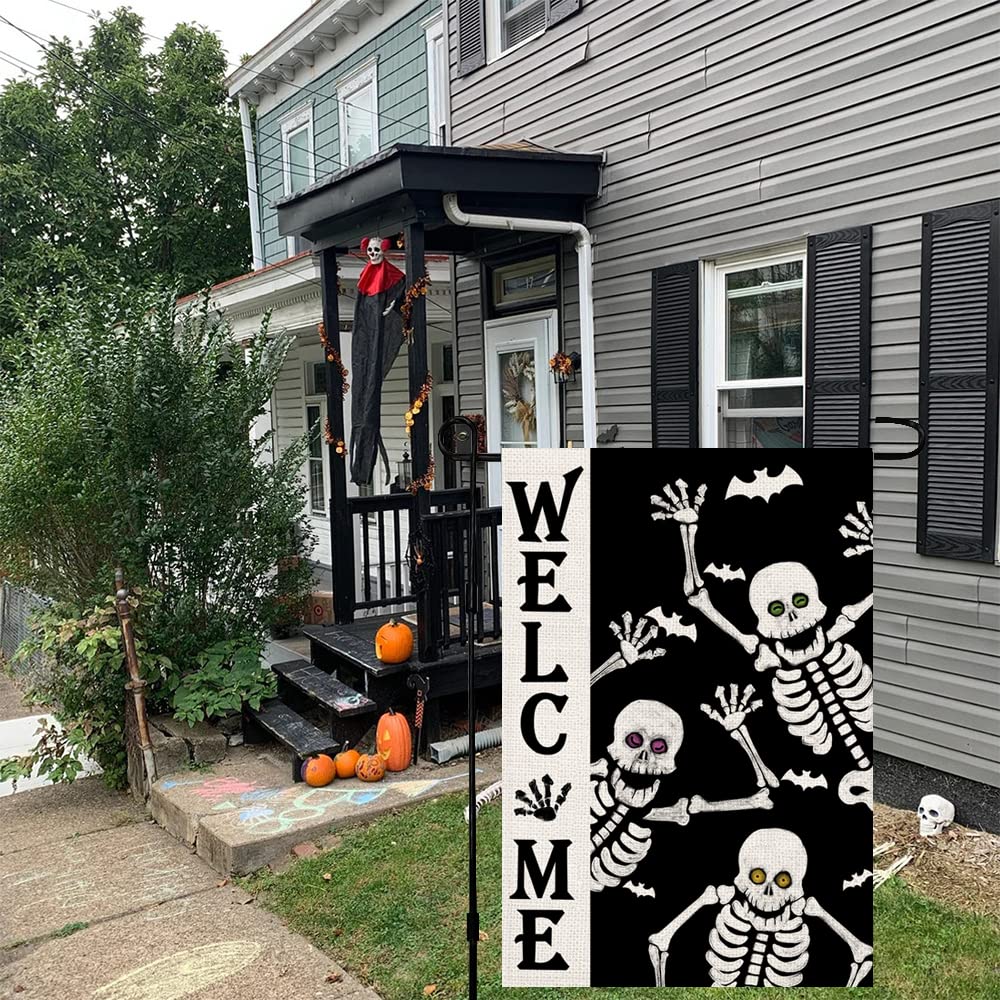 Welcome Halloween Skull Small Garden Flag Vertical Double Sided Burlap 12 x 18 Inches Yard Porch Outdoor Decor DF119